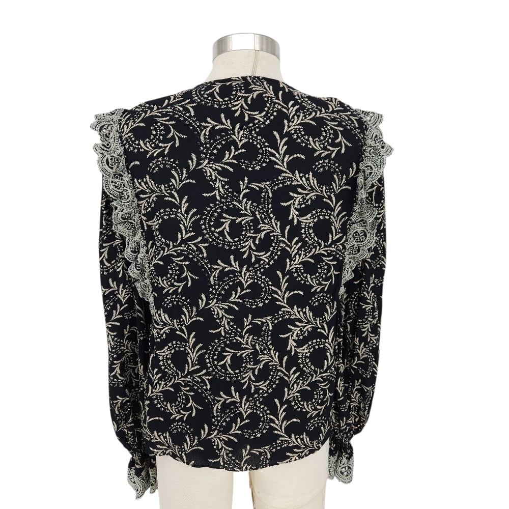 JOIE Blouse Black Floral Embroidered Ruffle Long Sleeve Button Front Shirt Small - Picture 6 of 8
